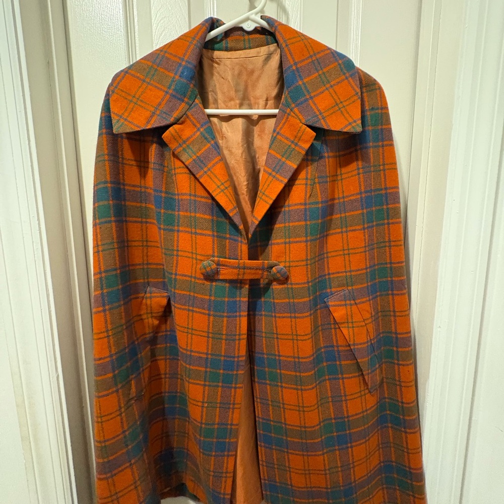 Orange and Blue Plaid Wool Cape